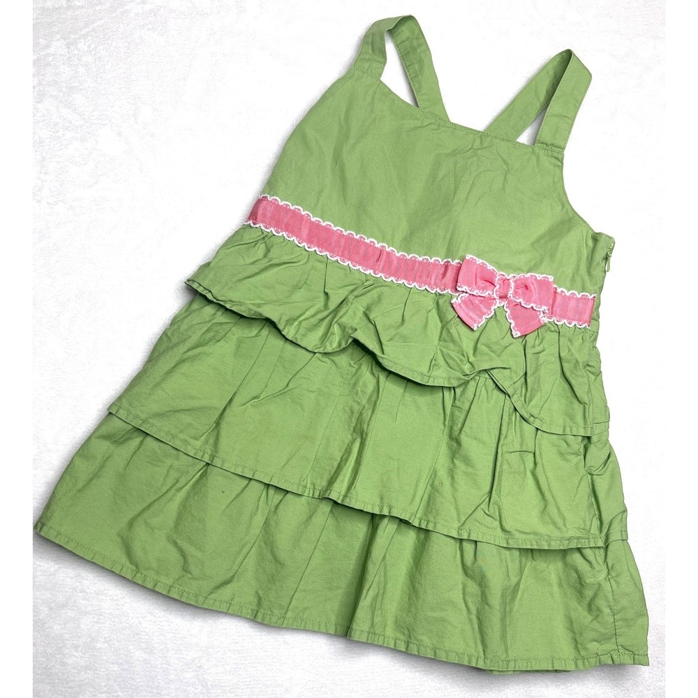 Gymboree Tiered Ruffle Dress Size 10 Green Pink Bow Cotton Sundress
